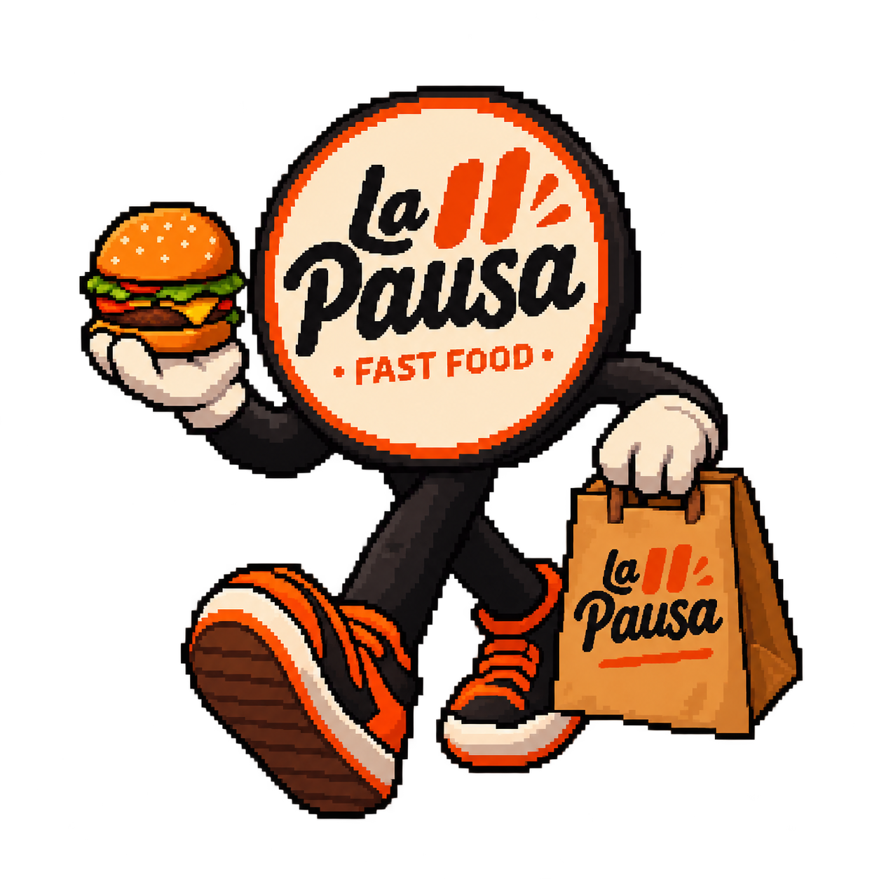 Mascotte La Pausa avec un burger et un sac