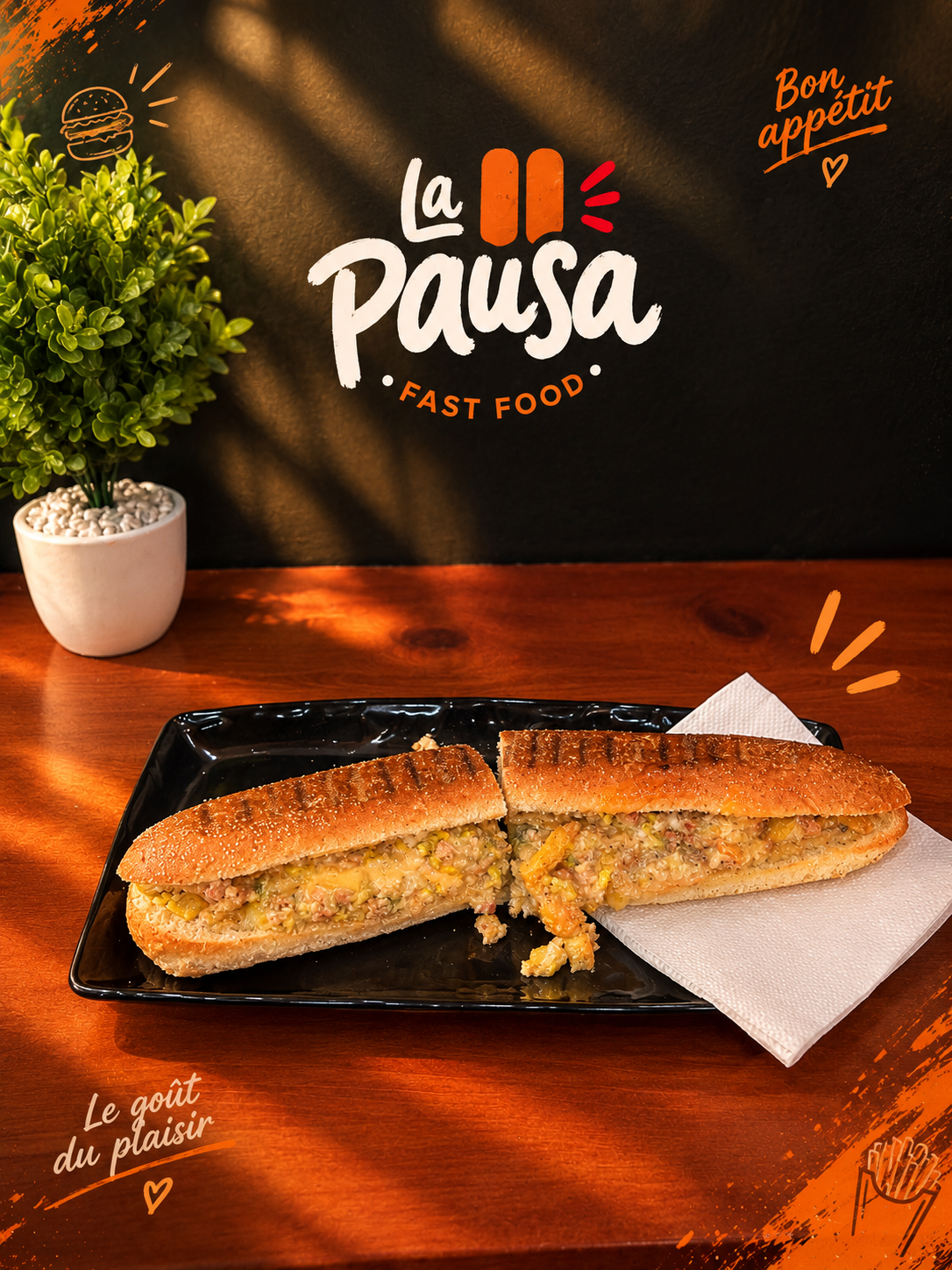 Deux sandwichs garnis sur une assiette noire